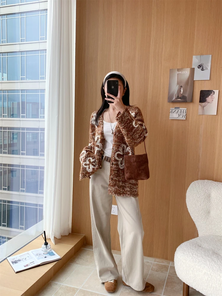 

Дизайнерский перевернутый вязаный кардиган с вышивкой из верблюжьей шерсти, женский повседневный кардиган с v-образным вырезом Long Sve Thiened Garden Peaco