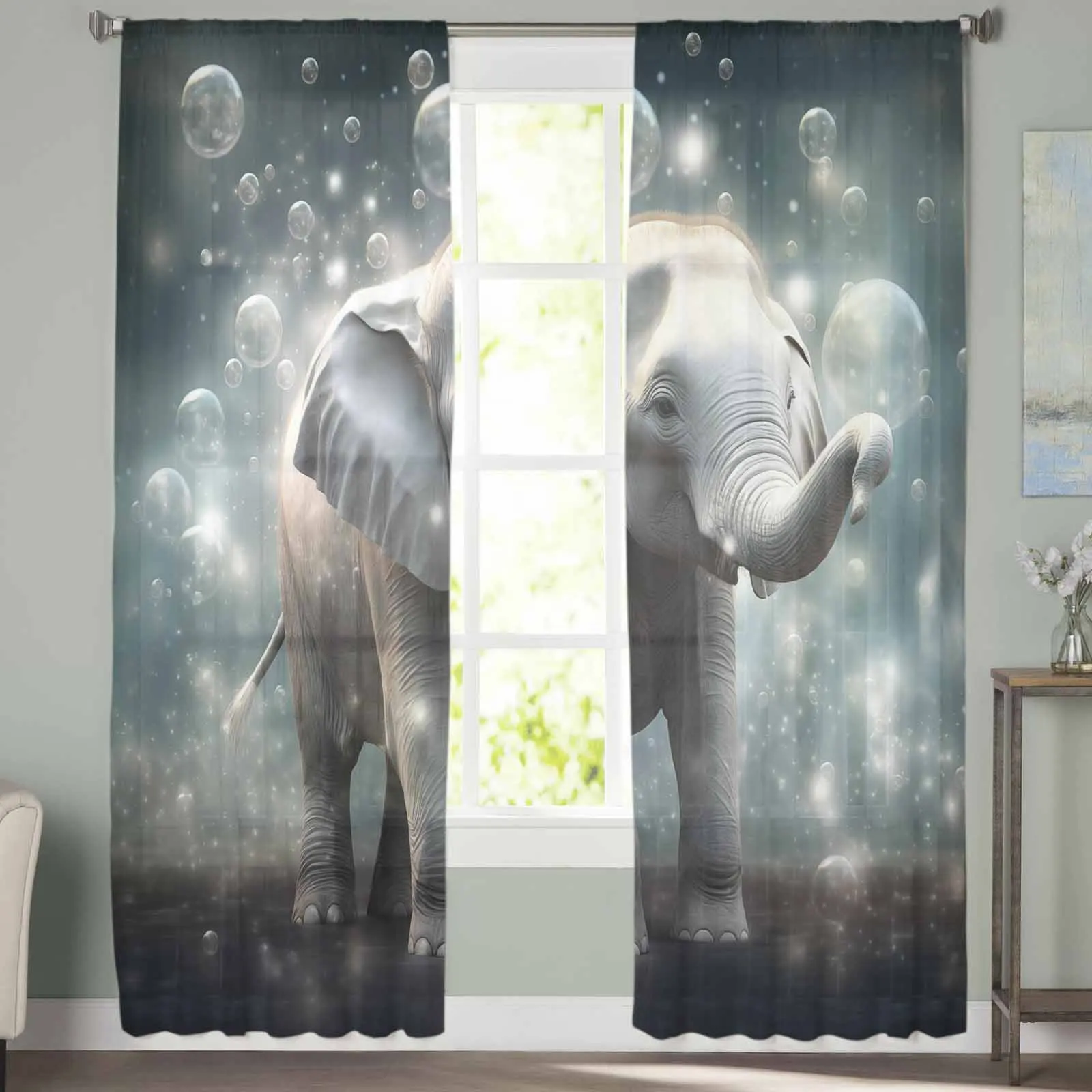 Animal Illustration Elephant Fantasy Curtain For Living Room Bedroom Kitchen Window Tulle Curtains Home Essentials