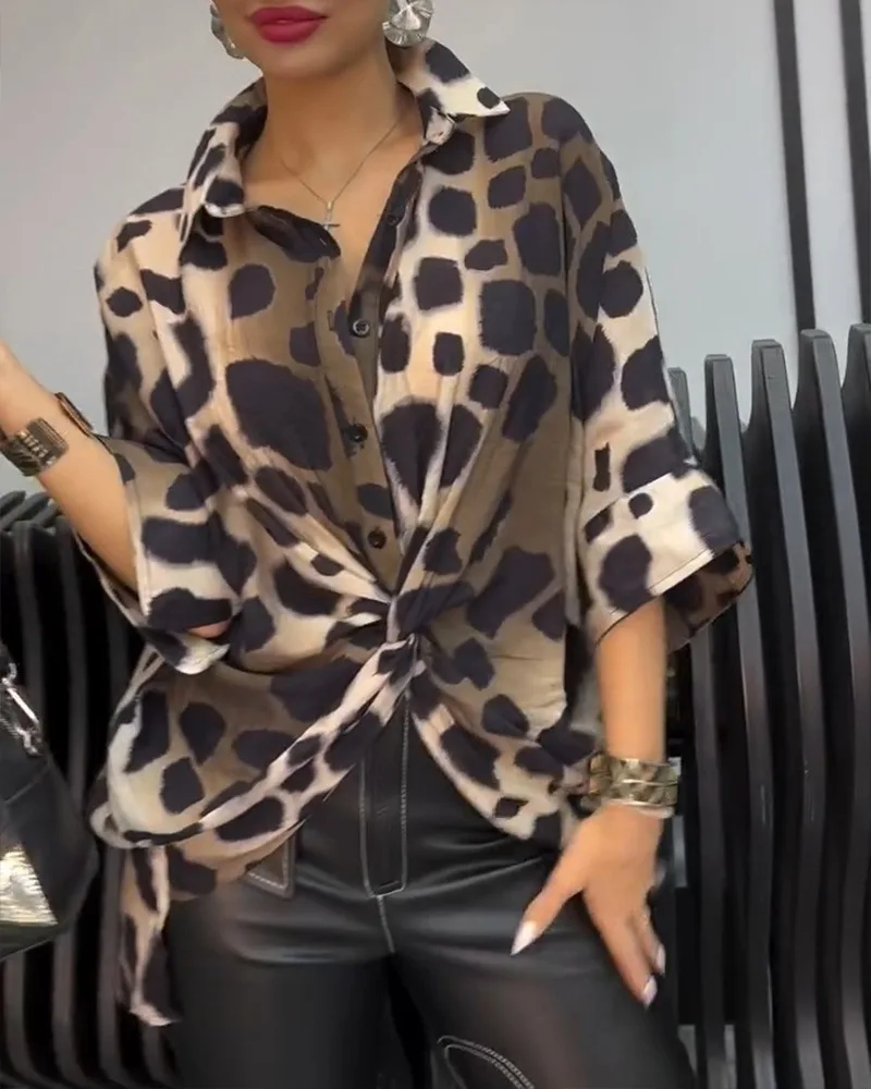 Spring Women's Blouse Casual Simple Leopard Print Turn-Down Collar Button Front Women Shirt Twisted Oversized Blouse Fashion Top