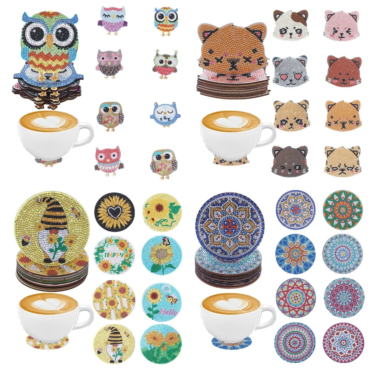 8 مجموعات من اللوحات الماسية التي تصنعها بنفسك: البومة/الدب/الأقزام/الماندالا/النمط، الوقايات الخشبية غير القابلة للانزلاق، غرفة المعيشة، المطبخ