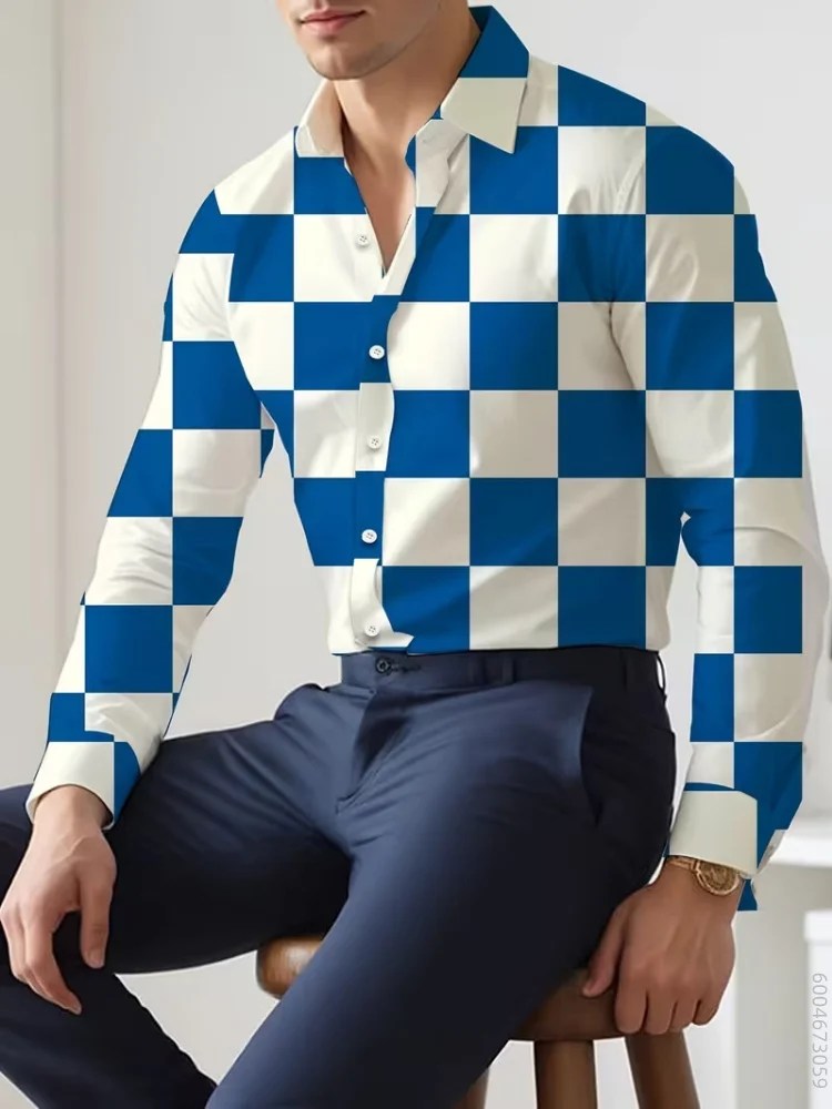 Autumn Men's Long Sleeved Shirt Button Polyester Men's Business Casual T-shirt Home Striped Print Shirts men's Y2K Clothing tops