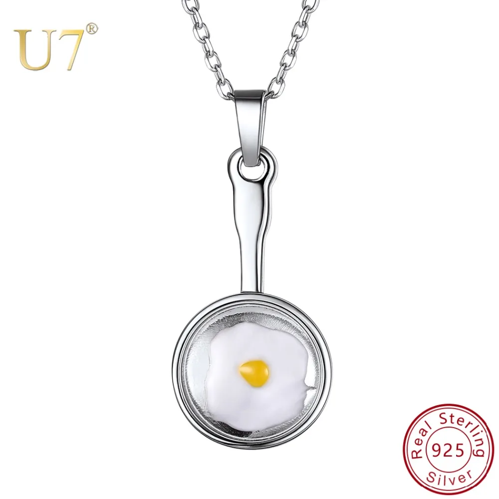 

U7 Brand 925 Sterling Silver Frying Pan Eggs Necklace Pendant Statement Choker For Women Jewelry Rolo Chain Necklace