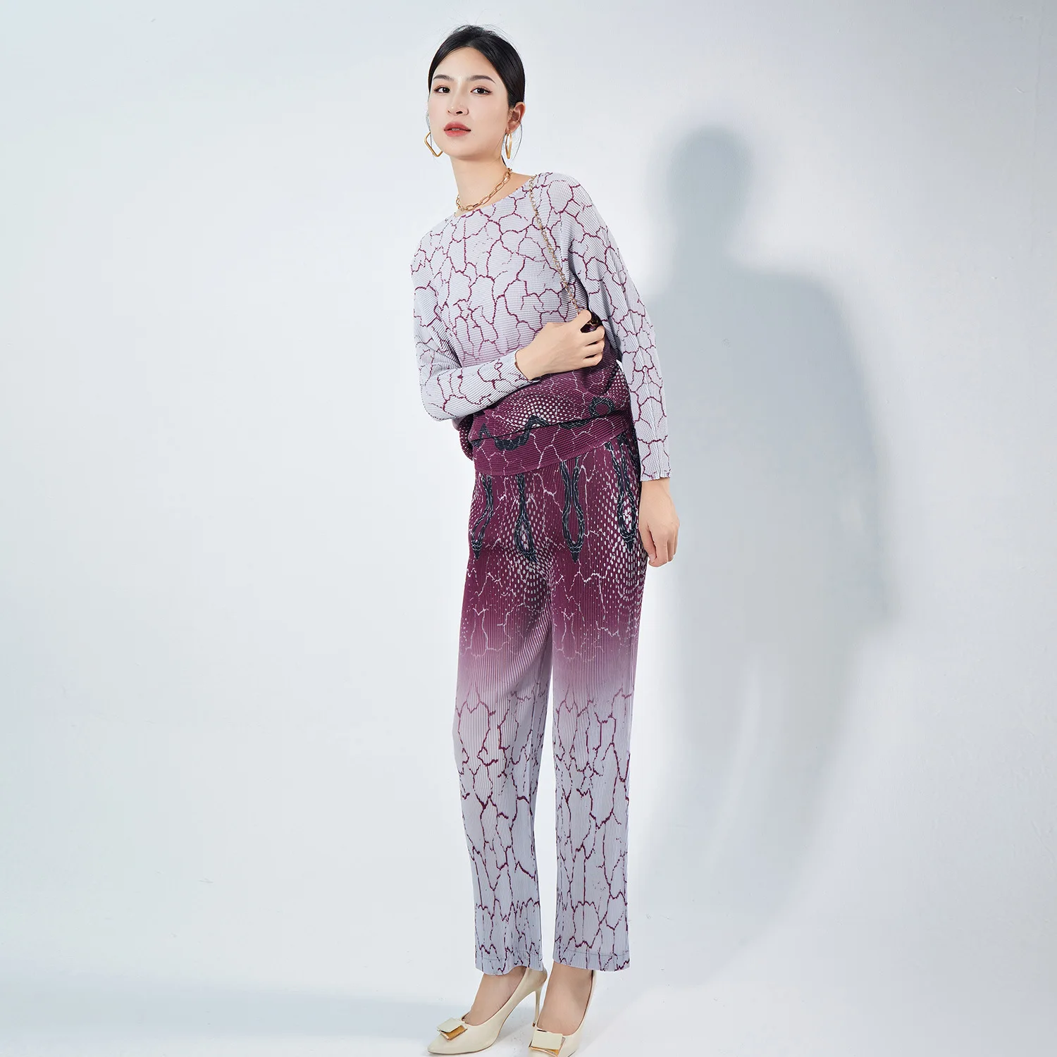 

MIYAKE PLEATS-Two-Piece Set for Women, Printed Loose Top, Versatile Straight Pants, Fashionable Outfit, Autumn and Winter