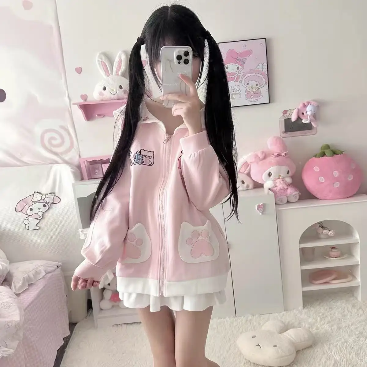 Japanese Style Sailor Collar Cat Print Sweatshirt Y2k Zip Up Jacket Kawaii College Lolita Style Slim Fit Autumn Spring Pink Coat