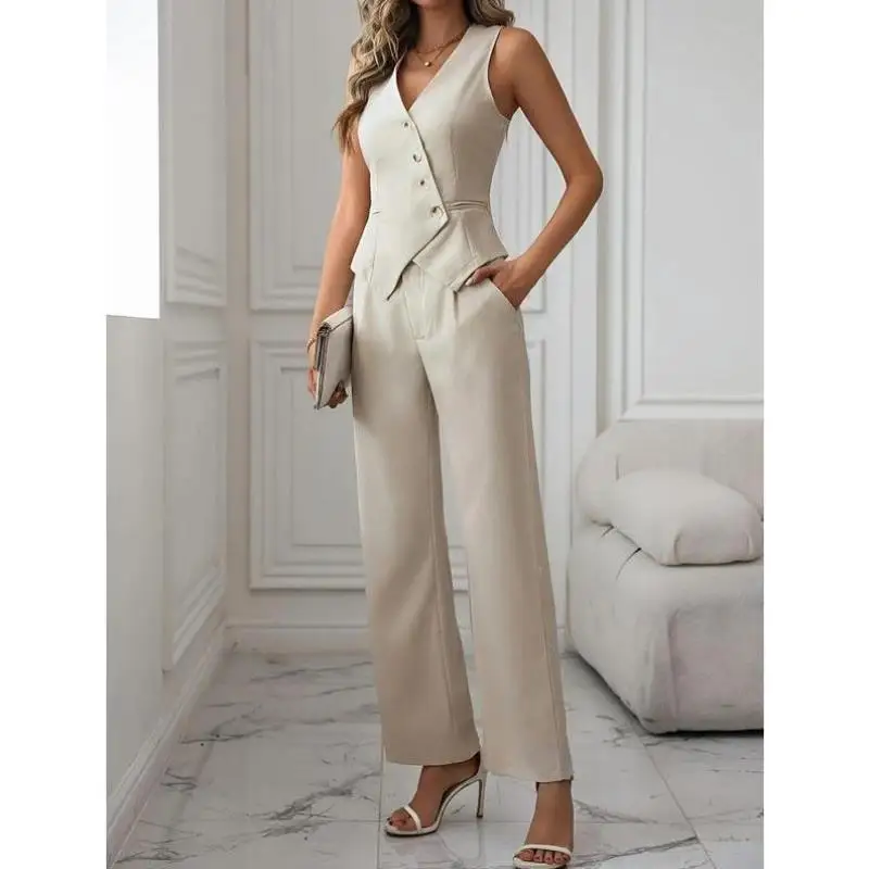 

Women's Color Button Front Vest with ket Cross-Border New Sle Casual Sport Suit Seven Sve Long Autumn Wear