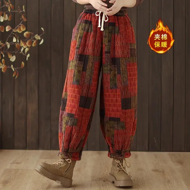 Retro Ethnic Style Printed Cotton Pants For Women Winter Cotton Linen Thick Style Warm And Loose Casual Lantern Trousers a080