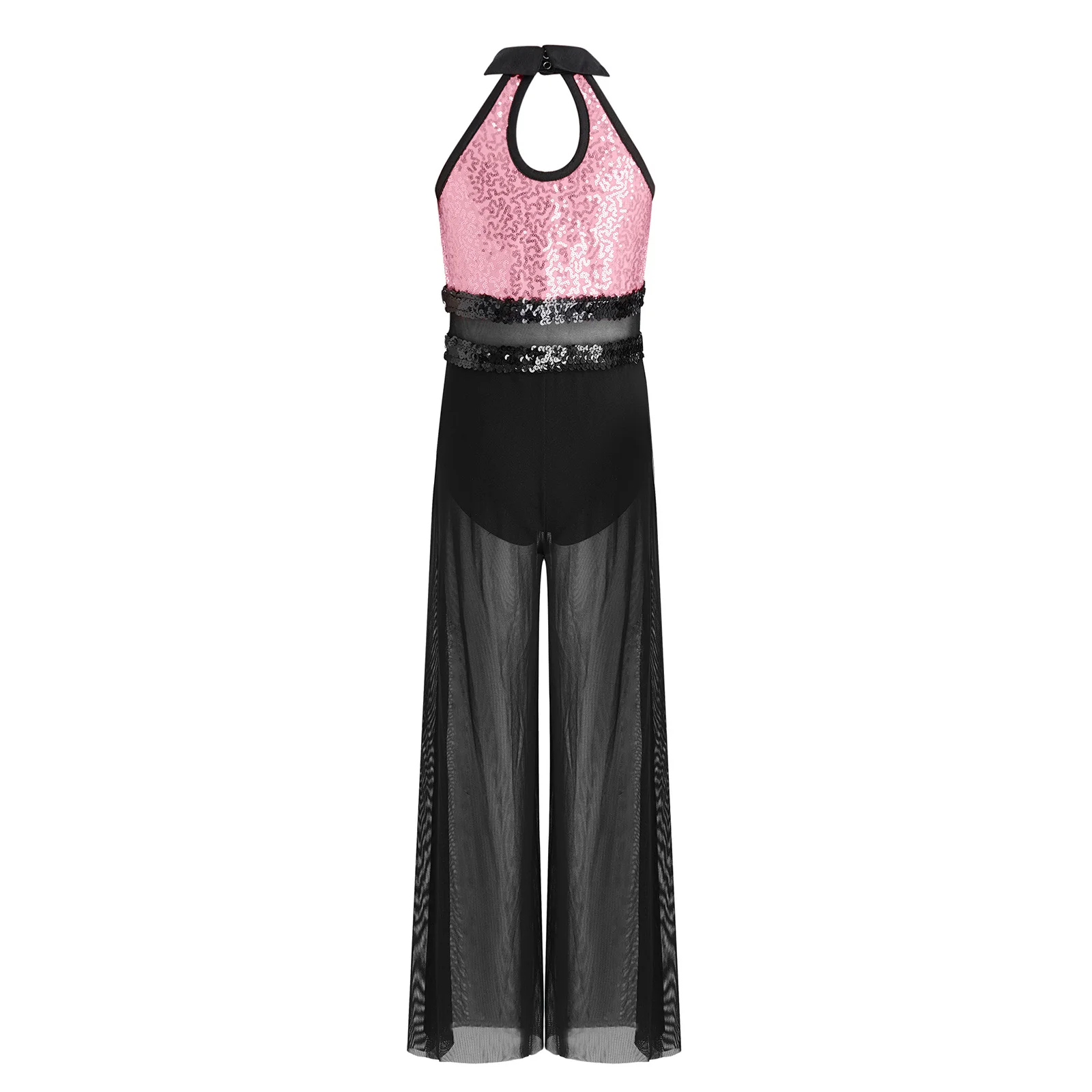 Kids Girls Jazz Dance Jumpsuit Sheer Mesh Shiny Sequins Bodysuit Built-in Briefs for Ballet Skating Gymnastics Stage Performance