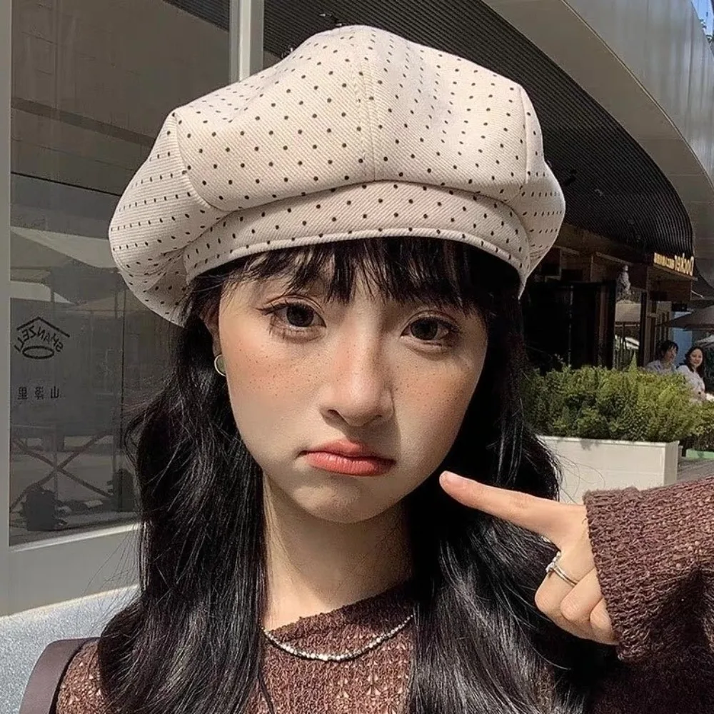 

Cool Cotton Polka Dot Beret Hat Korean Style Keep Warm Women Painter Hat Versatile Newsboy Women Octagonal Cap All-match