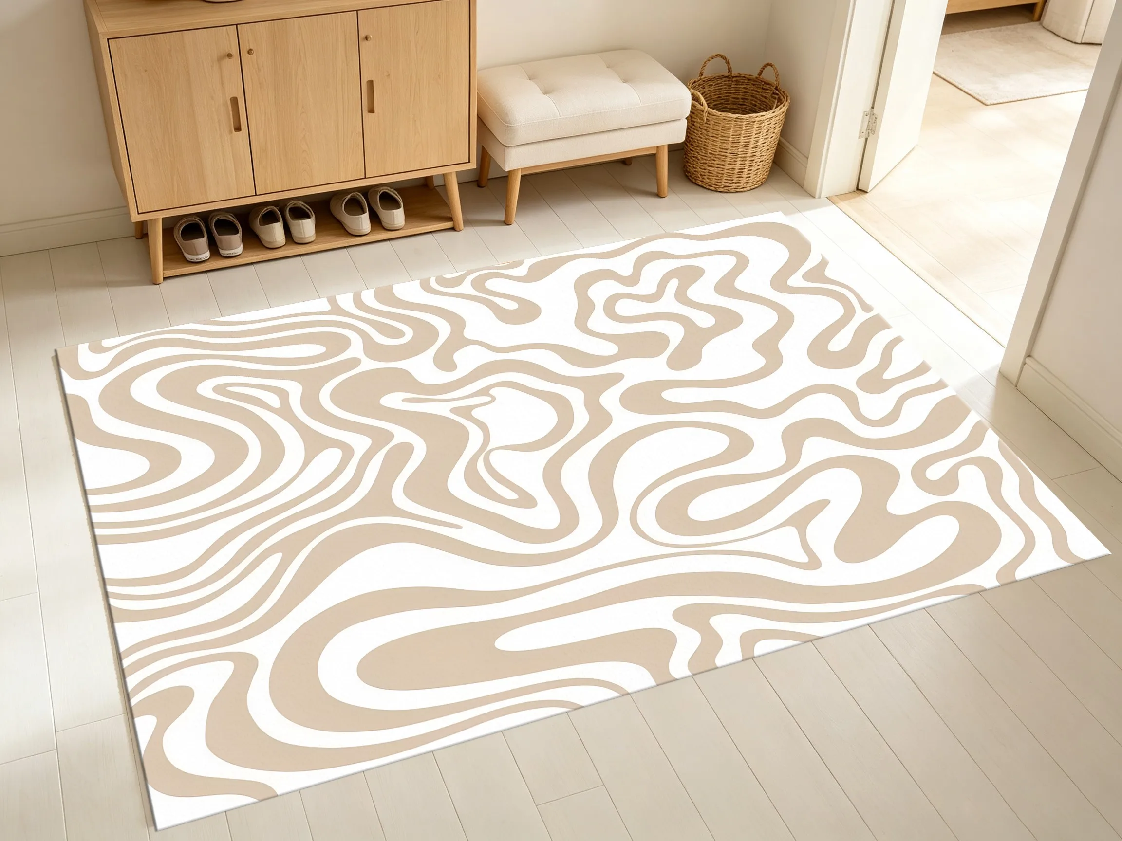 2D Large Rug, Milky Coffee Flowing Curves, Minimalist Style, Living Room & Bedroom Autumn Decor