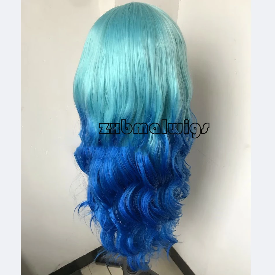 Ombre Blue Preplucked Wave Synthetic Hair Lace Frontal Wig For Women Glueless Fiber Hair Transparent Lace Wigs