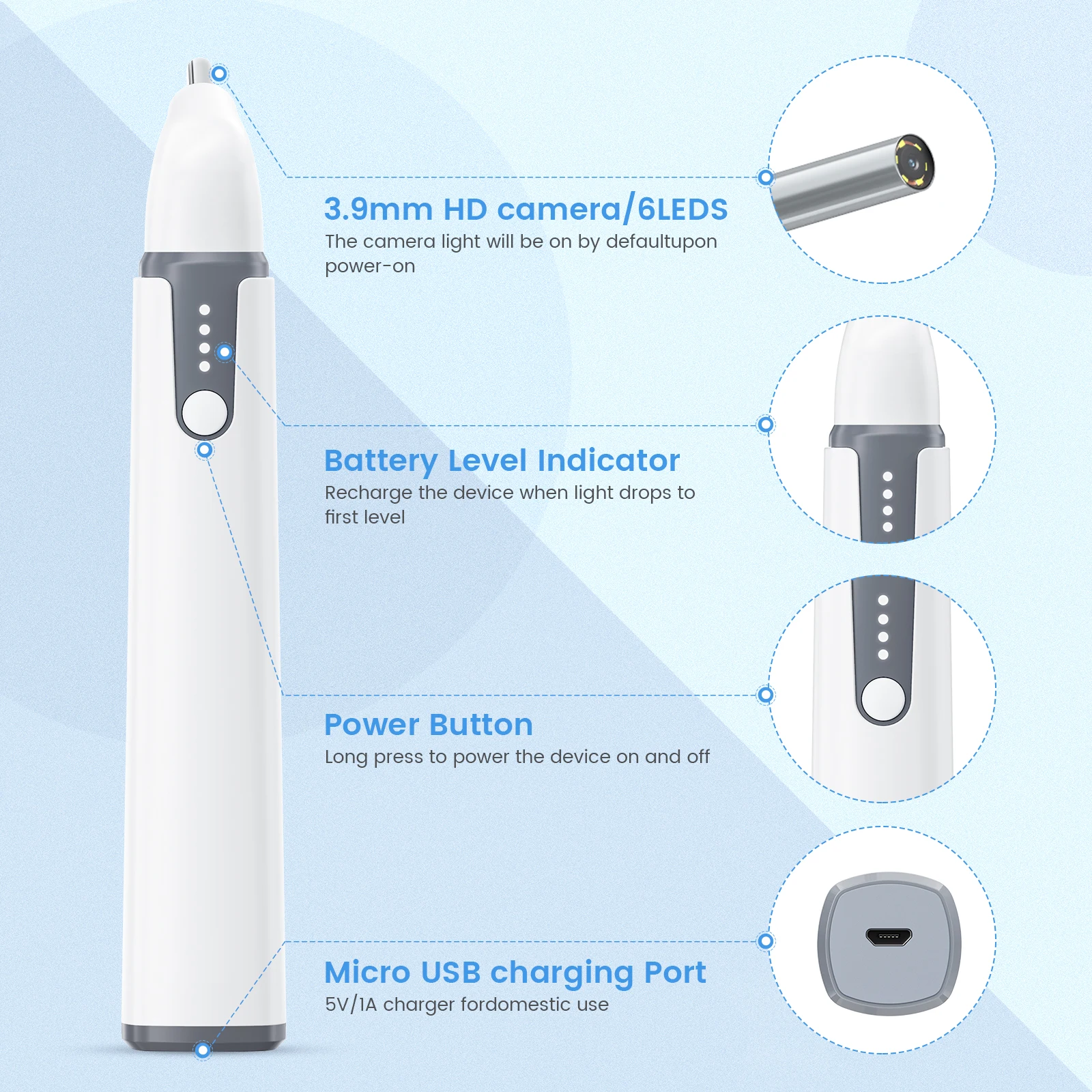 TESLONG 3 Trong 1 Tai Camera Nội Soi Tai 4.3Mm Dụng Cụ Vệ Sinh HD Hình Ảnh Tai Thìa Earpick TYPE-C Android PC otoscope 6 Đèn LED