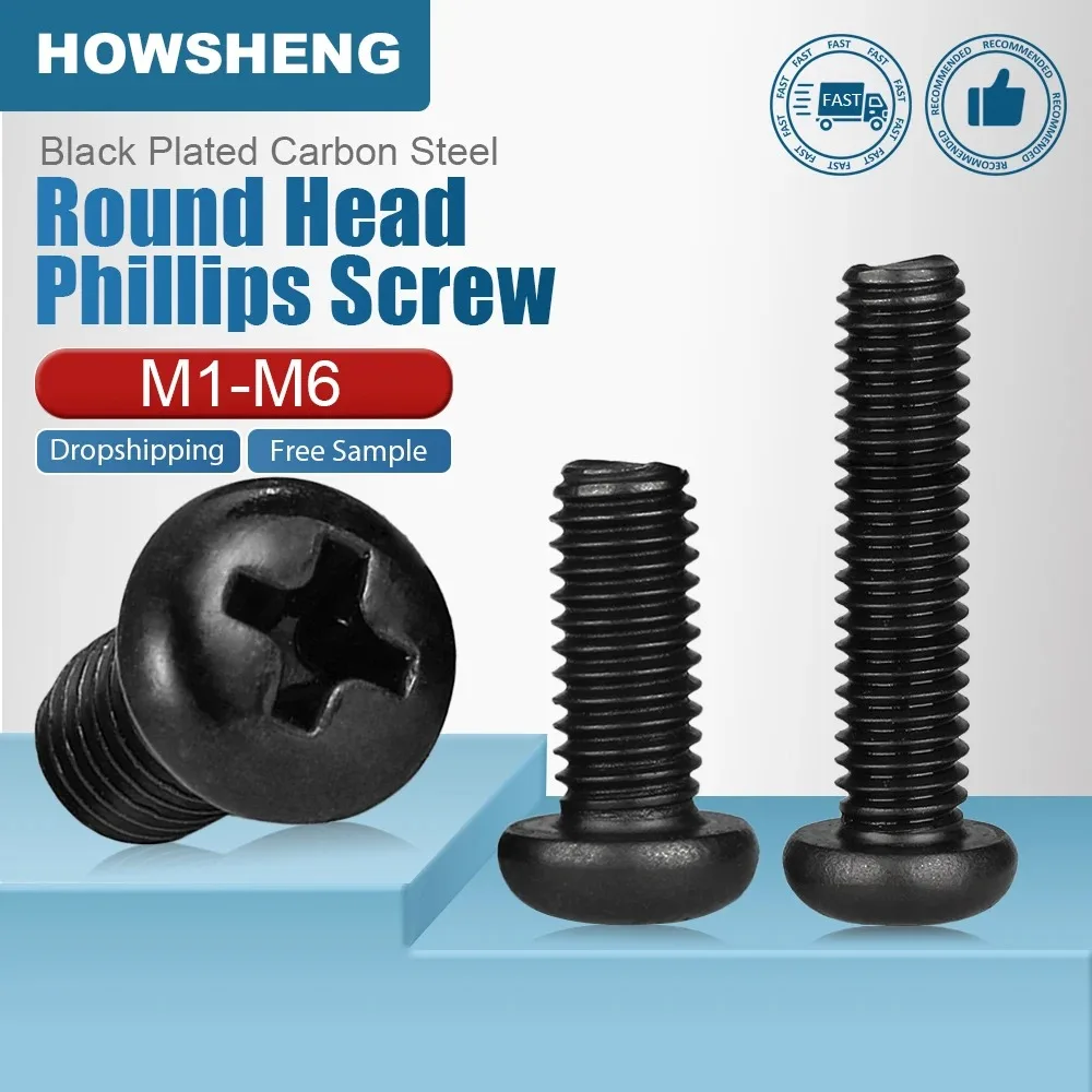 HOWSHENG 10-100pcs Phillips Recessed Round Head Screw Black Plated Cross Pan Machine Screw for Computer M1 M1.2 M1.4 M2 M3 M4 M5