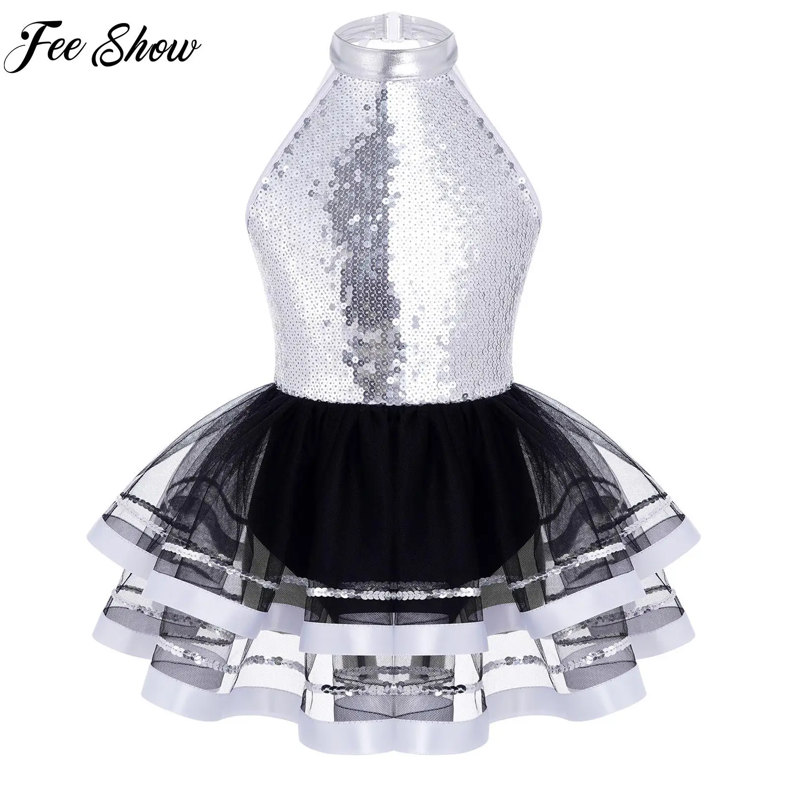 

Kids Girls Tutu Mesh Dance Dress Stylish Clothing Sleeveless Round Neckline Sparkling Sequins Decorated Straps Party Costumes