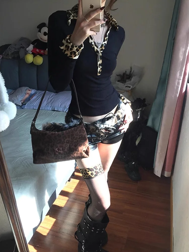 American Style Splice Knitted Top Low Chest Long Sleeve  Collar Leopard Print Women Spring Autumn Winter Slim Fit Inner Wear