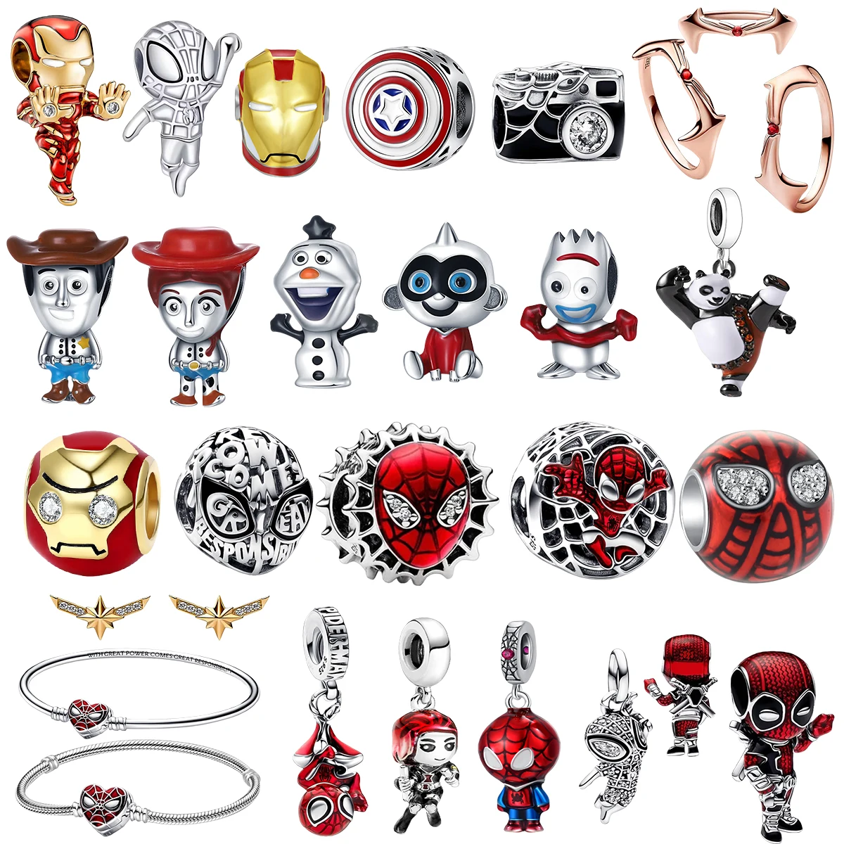 925 فضة لتقوم بها بنفسك حبة Miniso ديزني سحر صالح الأصلي قلادة بطل رجل سوار فيلم أنيمي شخصية العنكبوت خرز تميمة #1