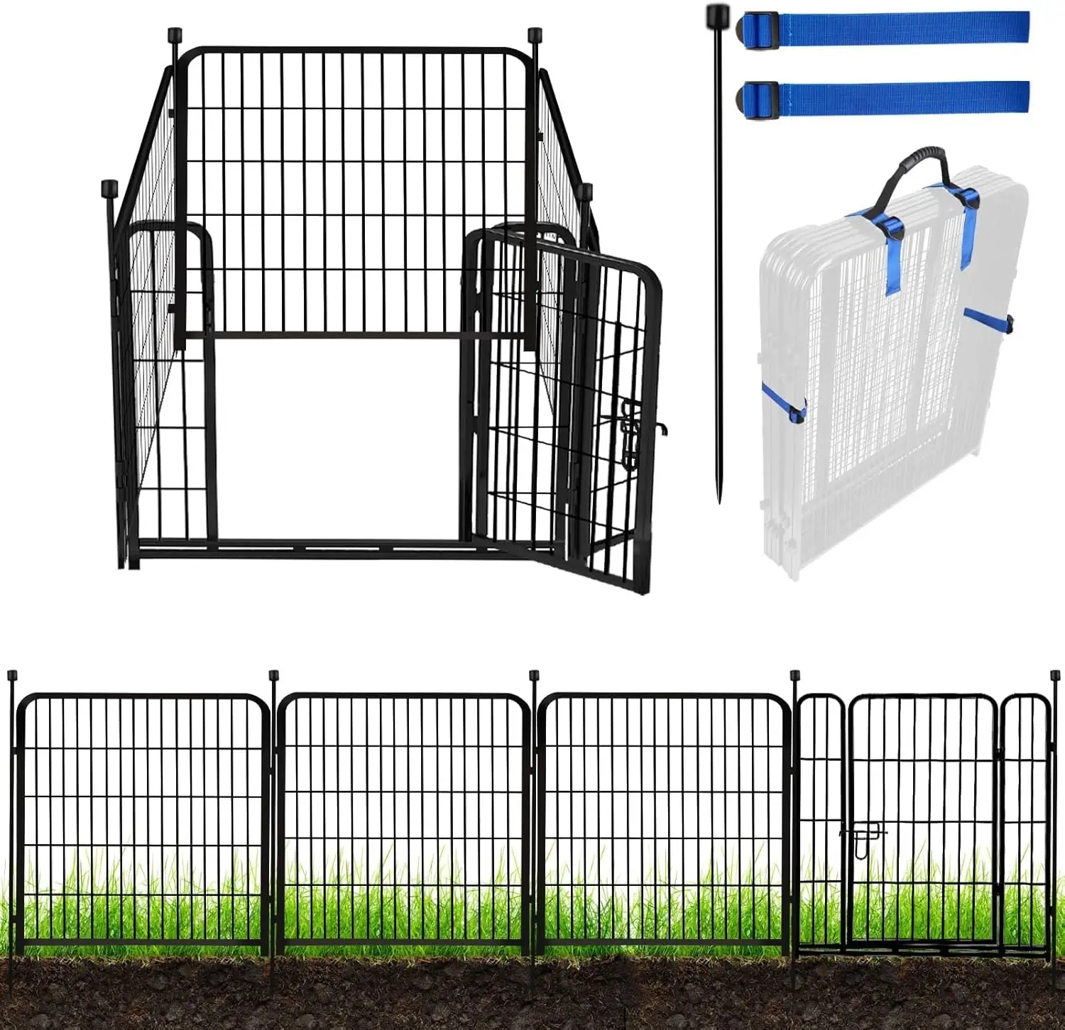 

32-Inch Heavy Duty Metal Garden Fence with Gate, 3 Panels for Yard, Pet Barrier, Camping Use, Black