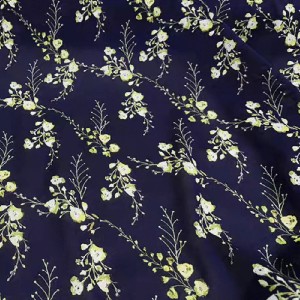 Attractive Graceful Blue Base Small Yellow Flower Design Comfortable Silk Spandex Georgette Fabric for Women Costume lady Dress