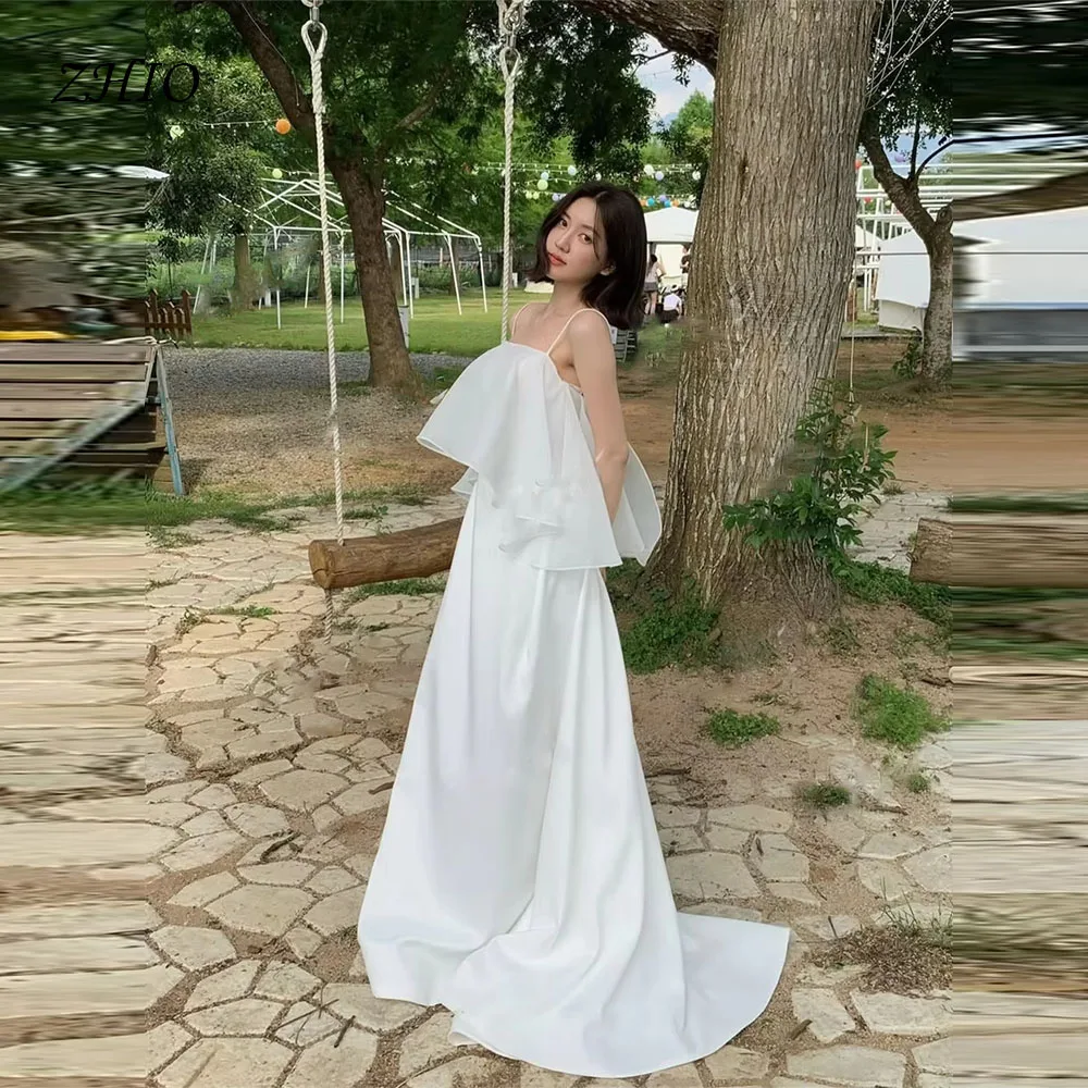 ZHIO シンプルなホワイトシフォン韓国結婚式スパゲッティストラップノースリーブカスタマイズドレス屋外写真撮影ガーデンパーティー 웨딩드레스
