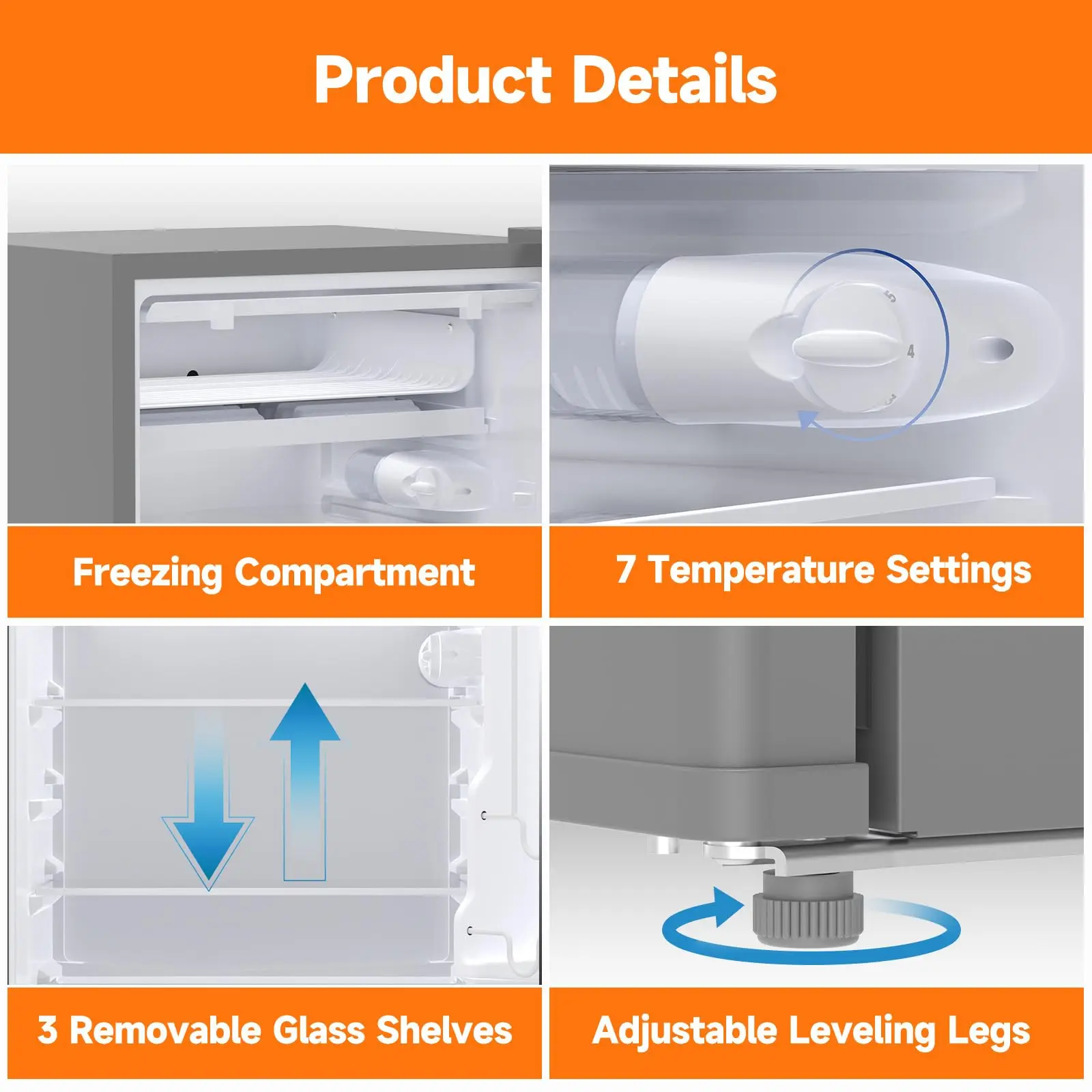 ثلاجة صغيرة 4.3 قدم مكعب مع فريزر باب واحد درجة حرارة قابلة للتعديل منخفضة الضوضاء ثلاجة مدمجة لغرفة النوم والمكتب RV