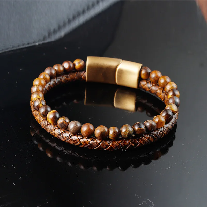 Trendy Genuine Leather Cuff Bangle Stainless Steel Gold Plated Tiger Eye Beaded Bracelets Retro Jewelry for Men Gift