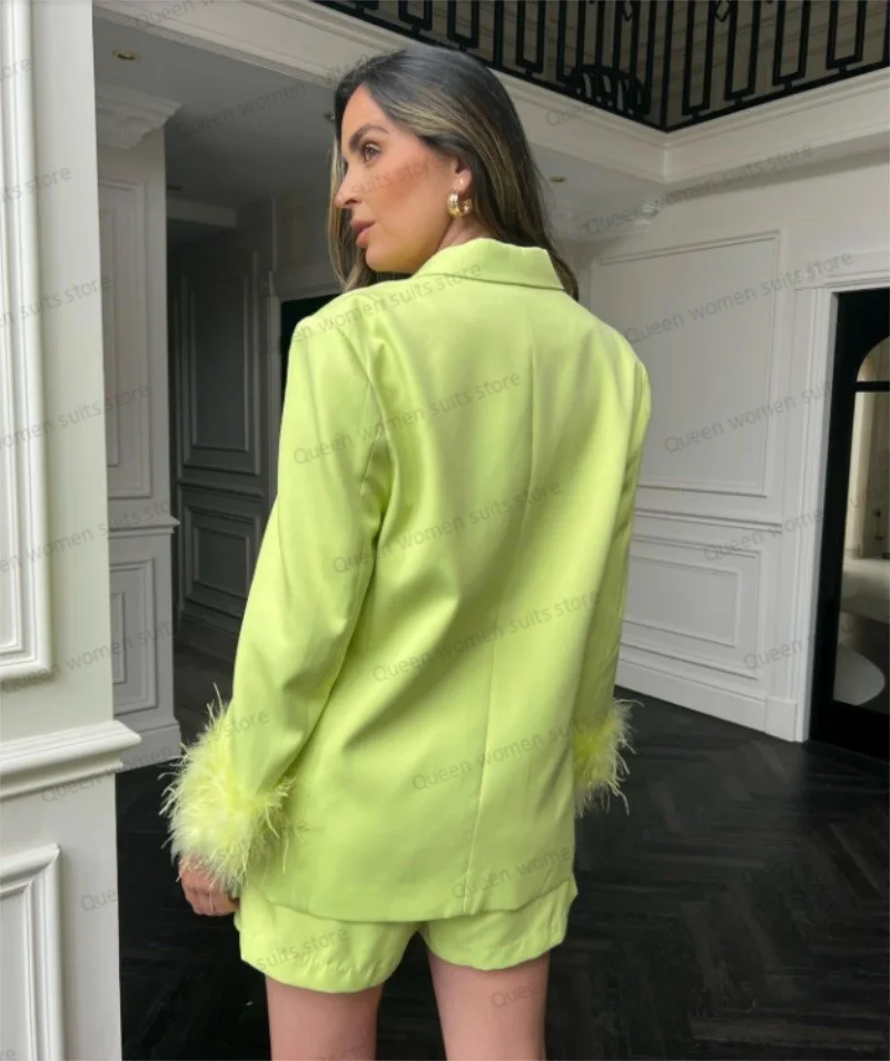 Ostrich Feather Women Suit Set Blazer+Short Pants Yellow Summer 2 Pieces Party Prom Dress Custom Made Sexy V Neck Jacket Coat