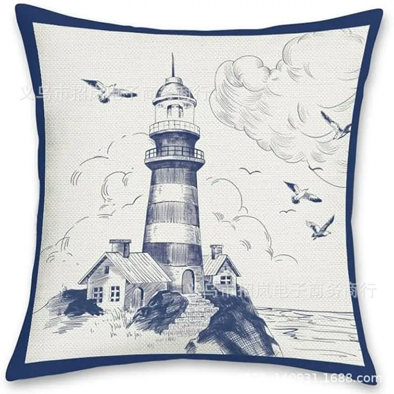 AD23-Sailboat Compass Lighthouse Nautical Pattern Linen Throw Pillow Cover Decorative Pillow Cover For Sofa Bed Home Decor