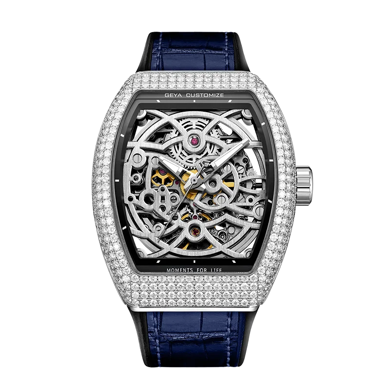 

Автоматические механические мужские часы GEYA, Открытый циферблат с бриллиантами, тонкие аналоговые наручные часы из нержавеющей стали 78111