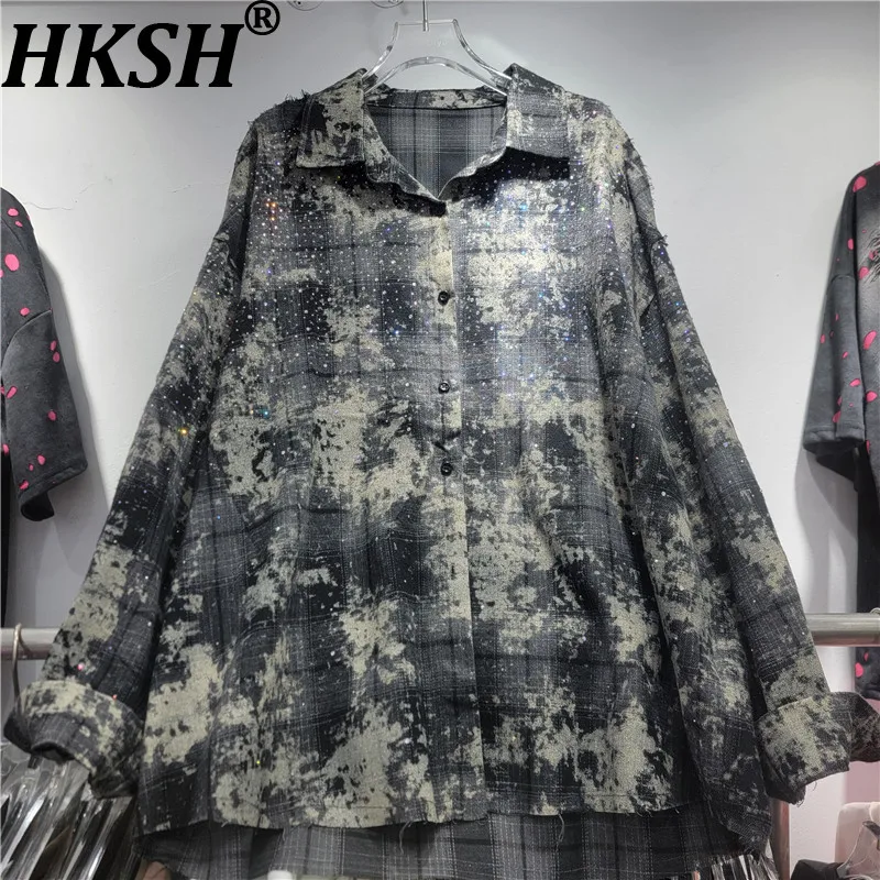 

Женская рубашка HKSH в американском ретро-стиле с граффити, клетчатым узором, стразами, на одной пуговице, с отложным воротником, длинными рукавами, повседневный топ HK21440