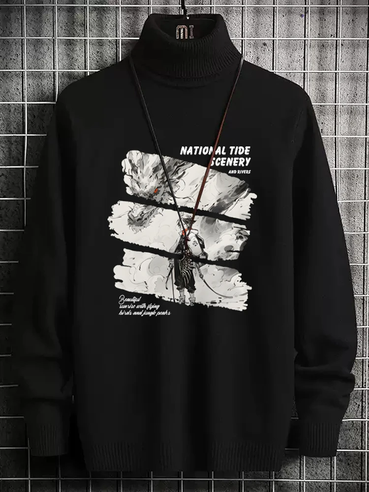 

Мужской вязаный свитер с высоким воротником, приталенный, модный, повседневный, с длинным рукавом, с принтом, из полиэстера, V-образный вырез, для подростков, зима-весна