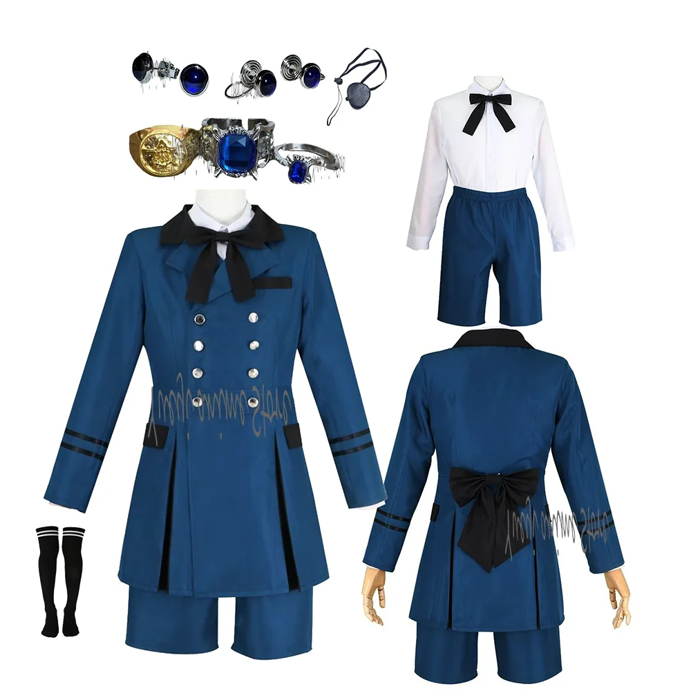 

Anime Ciel Phantomhive Coscostume: Navy Double-Breasted Uniform with Rings & Earrings for Daily/Cosplay Use