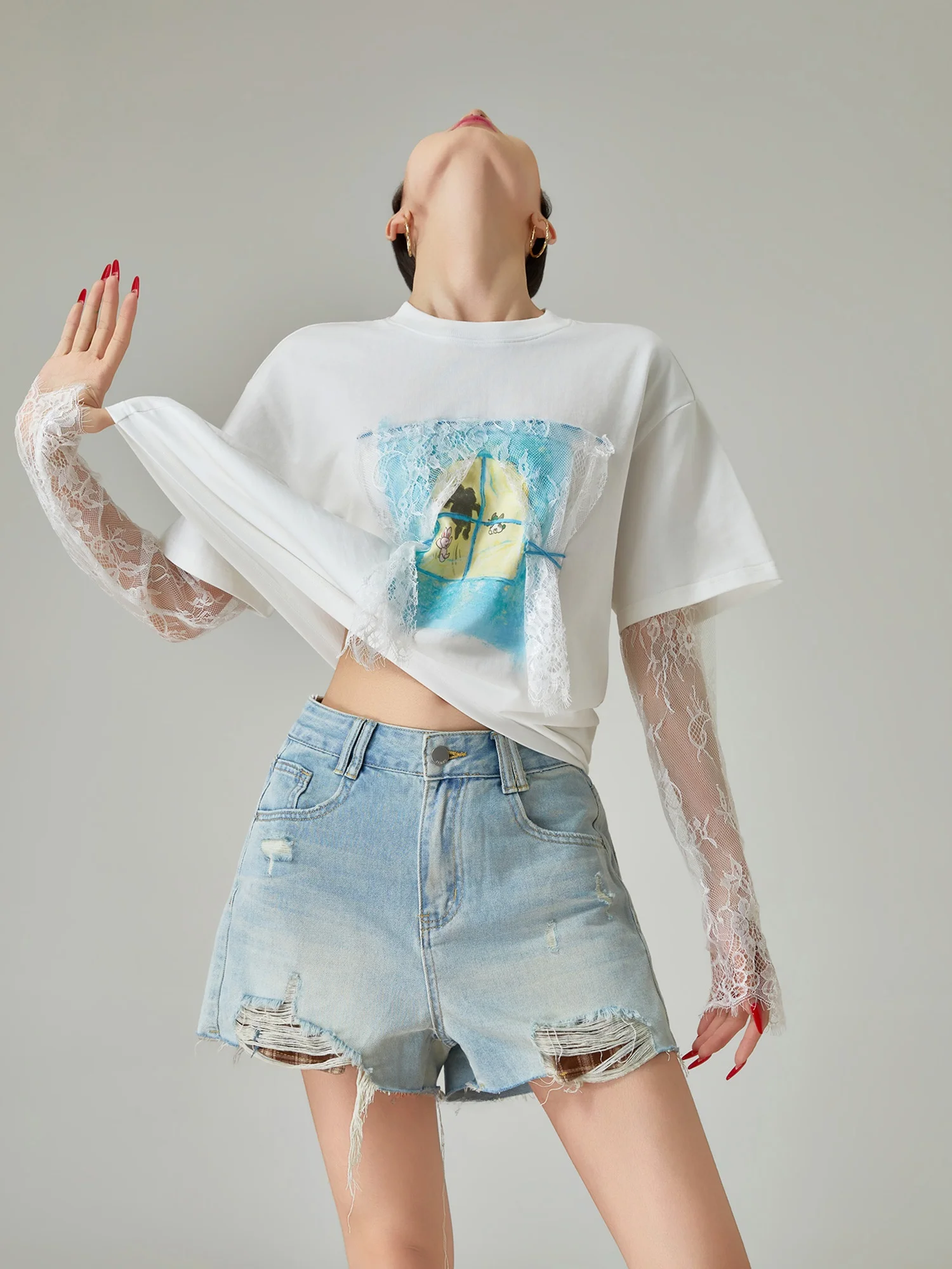 

White Lace Window Print Long Sleeve T-Shirt Women's High-End Loose Matched Sleeve Top Korean Style Commute Spring Polyester