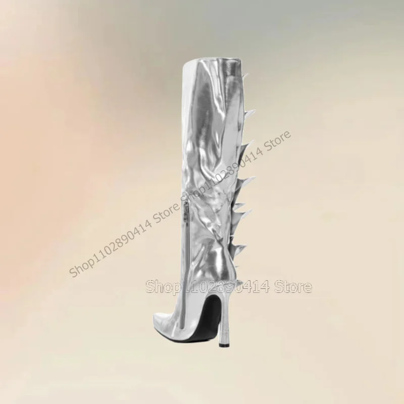 Silver Pleated Ruffles Design Glitter Pointed Toe Boots Side Zipper Women Shoes Thin High Heels Fashion 2023 Zapatos Para Mujere