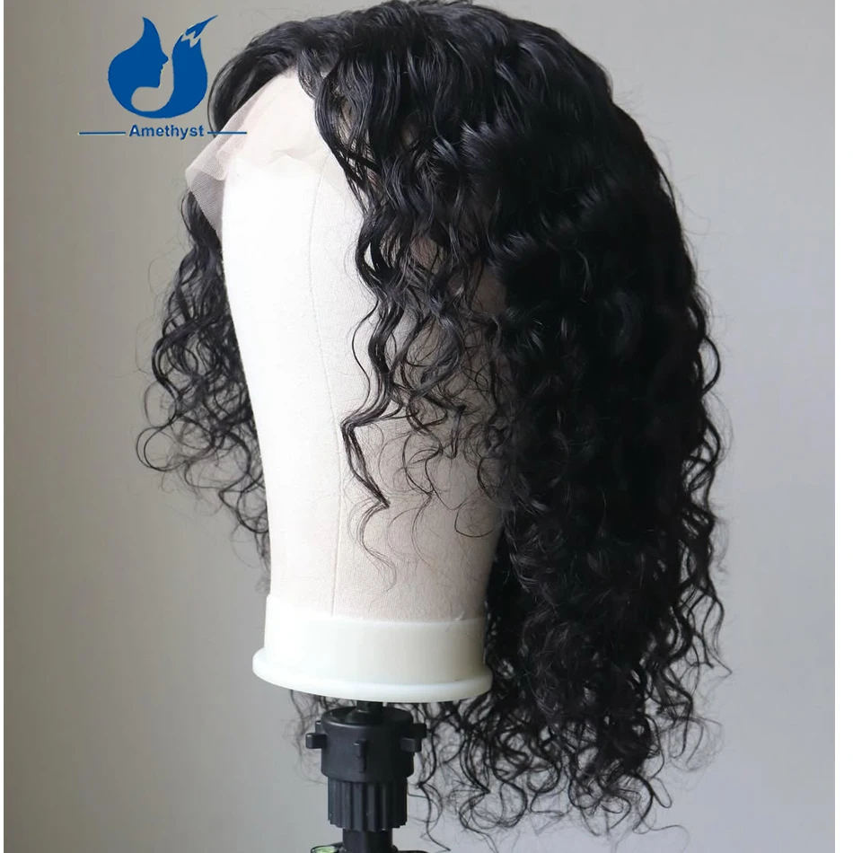 Ametista 14 Polegada peruca frontal de renda encaracolado para homens 13x6 pré arrancado com babyhair natural preto remy cabelo humano curto bob 150%