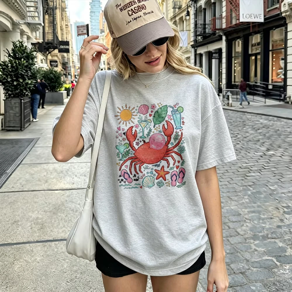 Beach Themed Graphic Print Crab Cotton T-Shirt Crew Neck Short Sleeve Relaxed Fit Summer Vacation Gift for Men Women Casual Tops