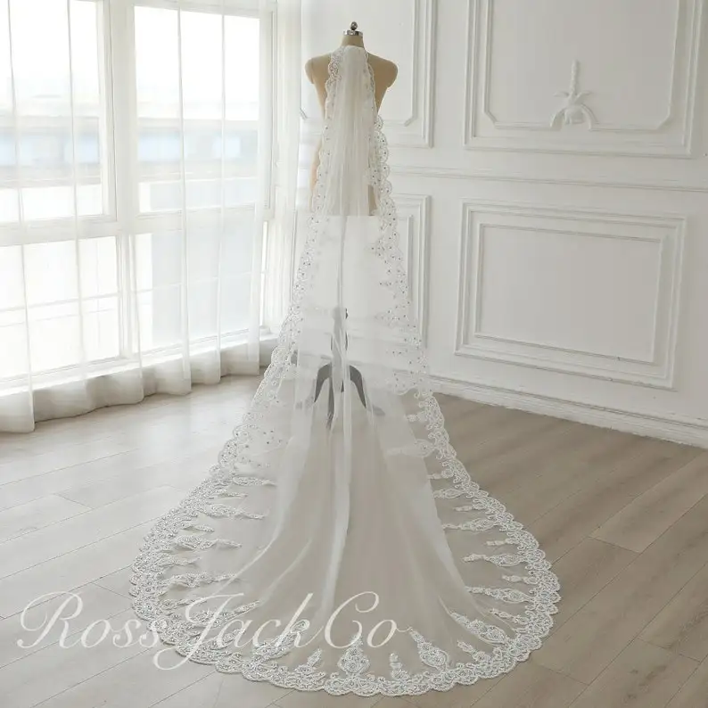 Vintage Mantilla Lace Chapel Cathedral Veil, One-Tier Beading Bride Veil, Custom Ivory Wedding Veil For Bridal