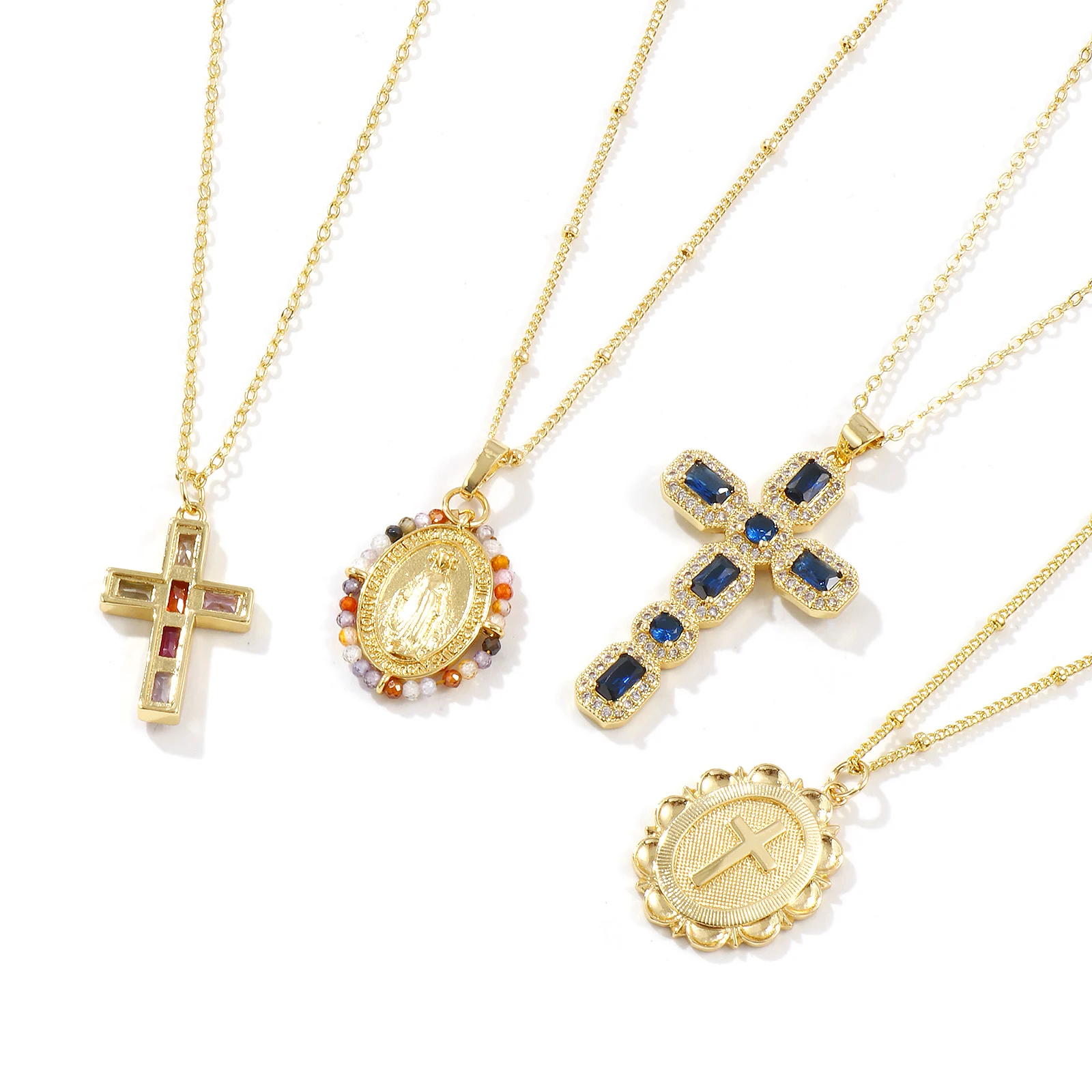 1pc Religious Brass Necklace Gold Color Link Chains Cross Oval Multicolor Rhinestone Pendant Necklace For Women Party Jewelry