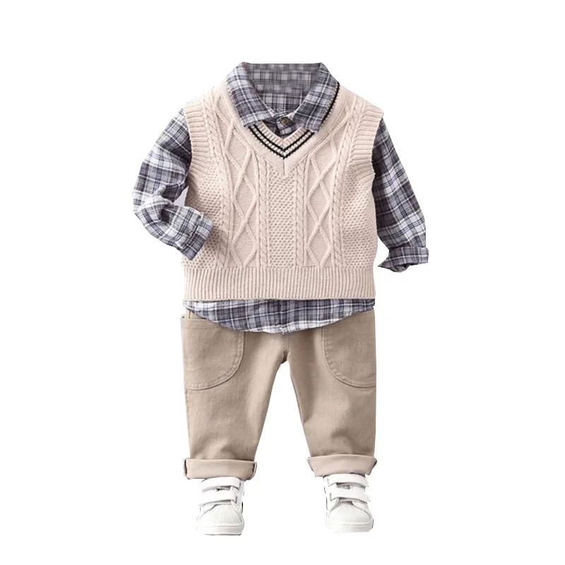 

New Spring Autumn Baby Boys Clothes Suit Children Casual Plaid Shirt Vest Pants 3Pcs/Sets Toddler Cotton Costume Kids Tracksuits