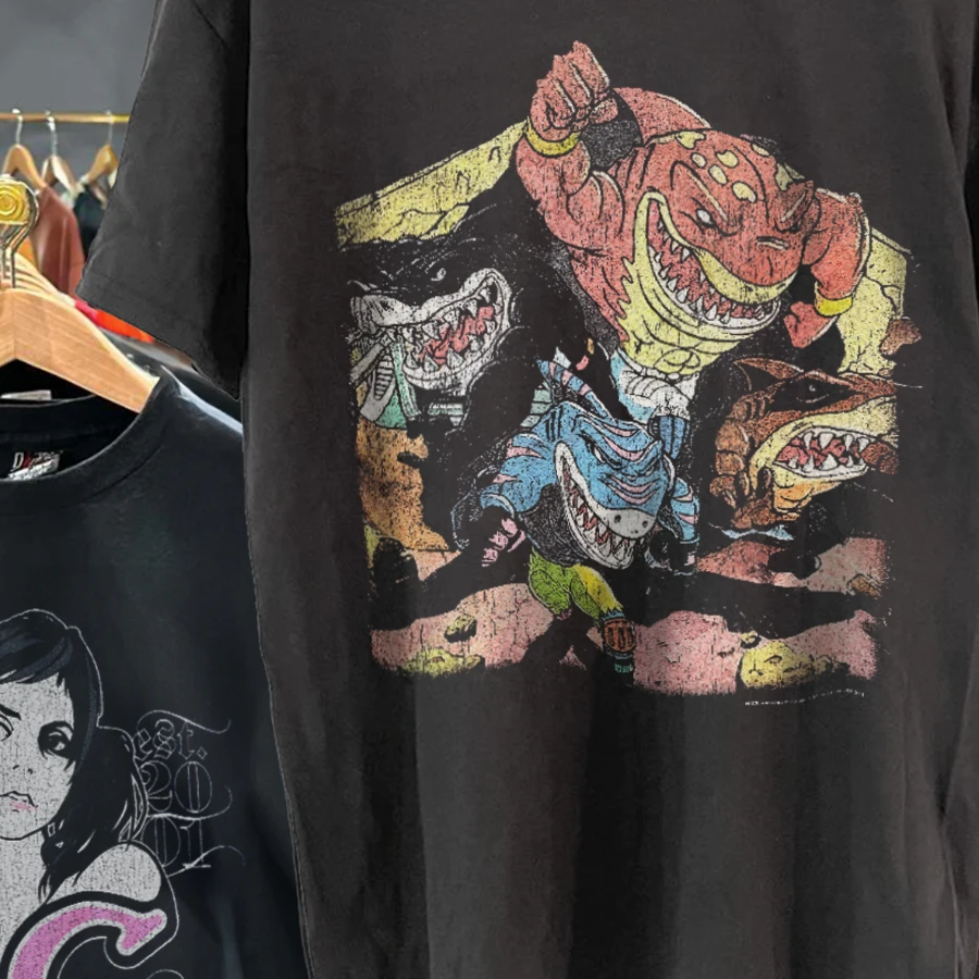 Street Sharks 1995 Grail Black Vintage Washed T-Shirt Style Underground Print Loose Retro Summer