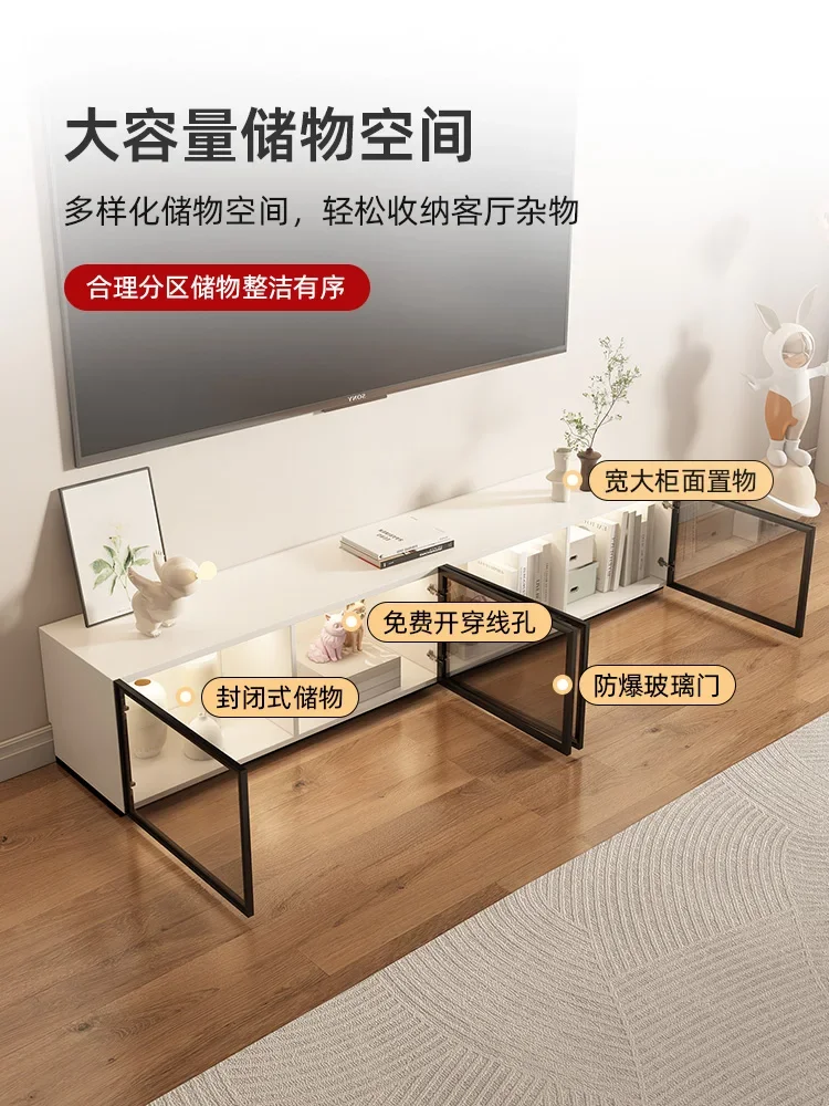 High-end floor-to-ceiling TV cabinet, simple modern small apartment household living room storage floor cabinet, minimalist whit