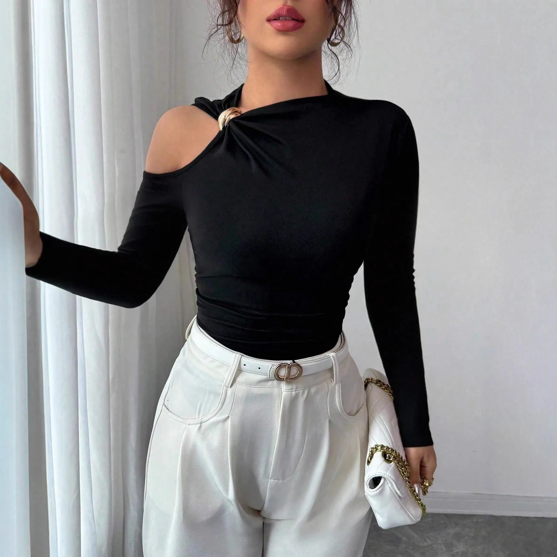 One Shoulder Slimming Fit Top Regular Length Elegant Professional with Asymmetrical Neckline Irregular Neck T Shirts for Women
