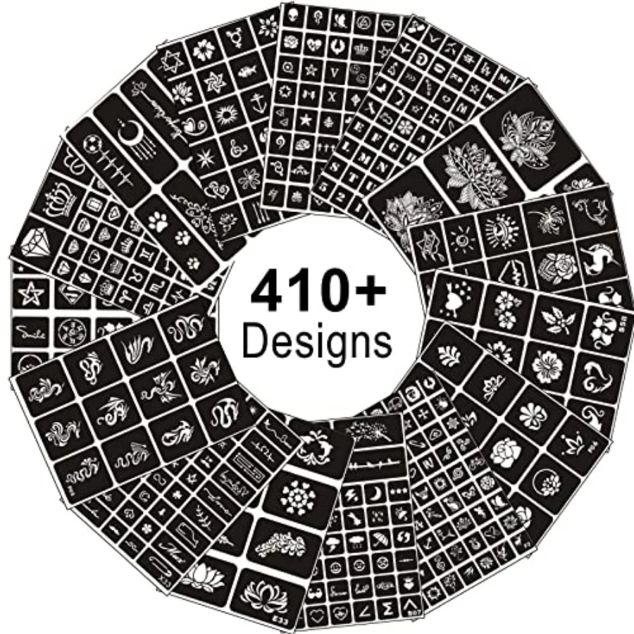 

Временные тату-трафареты для женщин и девушек, а также набор из 410+ штук трафаретов для тату хной, временные индийские и арабские тату с блестками, аэрографические тату.