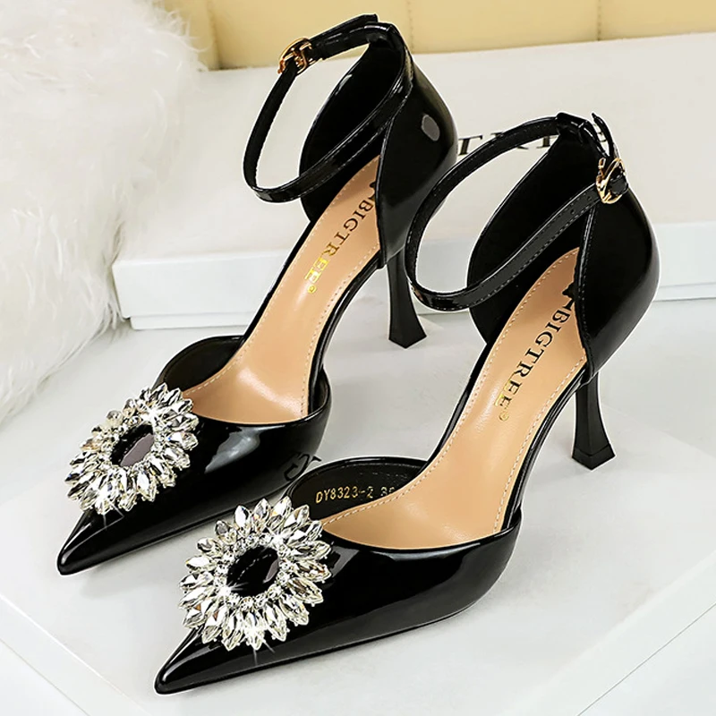 BIGTREE Shoes Buckle Women Pumps Rhinestone High Heels Patent Leather Lady Heels Sexy Party Shoes Women Summer Low Heel Sandals