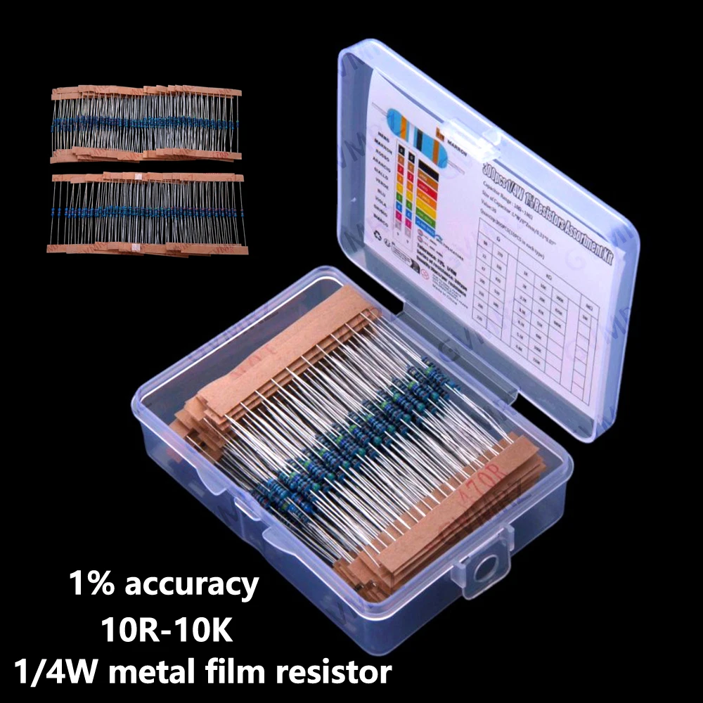 300PCS 10R-10K 1/4W metal film resistor sample pack, 1% accuracy 30 commonly used resistance values 200R 220R 10K 10R 22R 47R