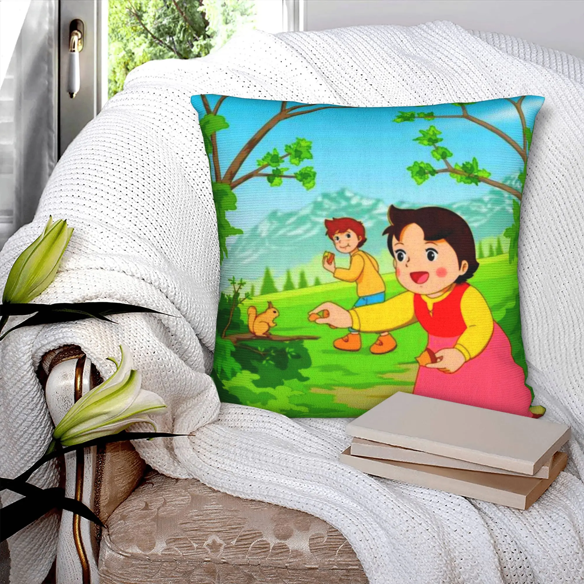 Luxury Heidi Discovers a Squirrel Cushion Cover for Sofa Polyester Cartoon Alps Mountain Girl Throw Pillow Case Decoration