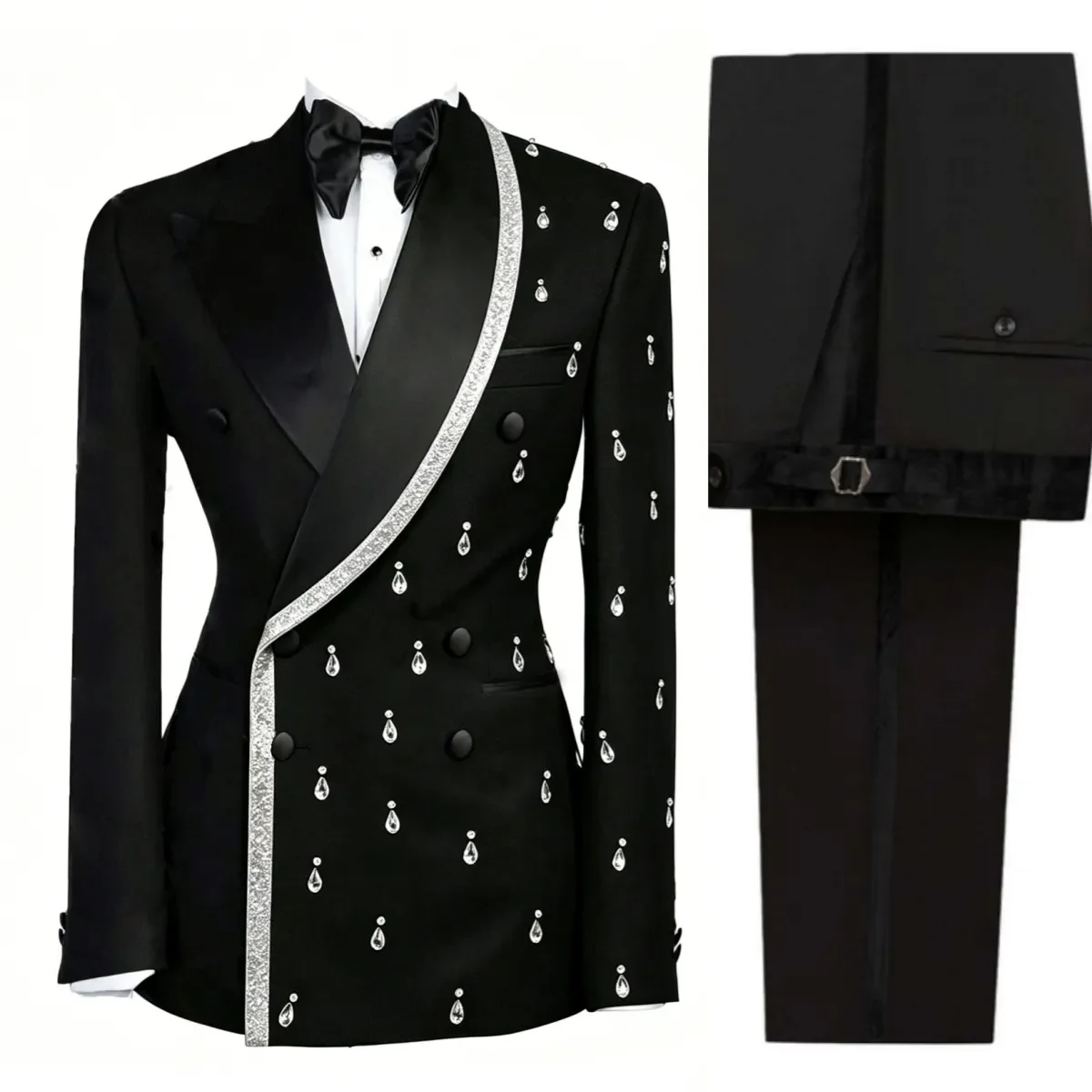 Design Wedding Tuxedoes Crystal Shawl Lapel Plus Size Men Suit Fashion 2 Piece Set Jacket Pants Evening Blazers Customized