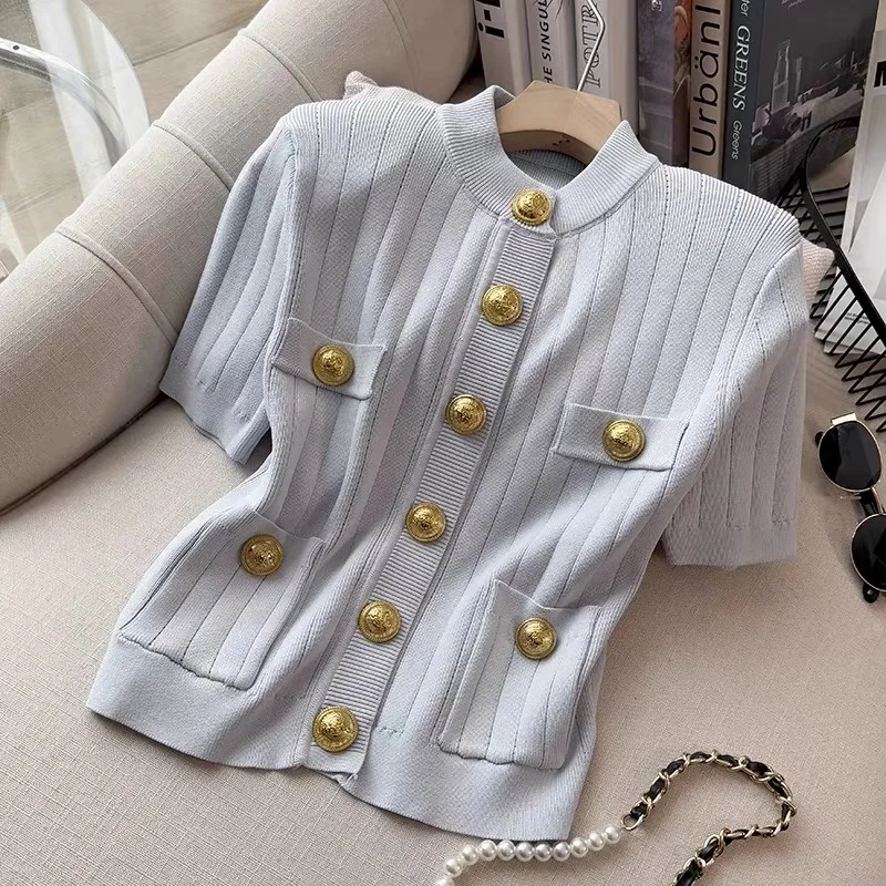 Lady Custom Designed Causal O-neckline Short Sleeve Women Single-breasted Solid Skinny Cardigan