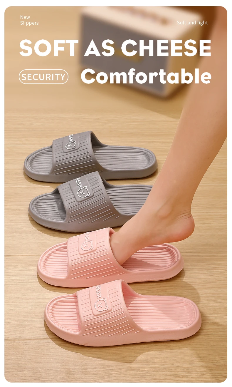 Cute Bear Summer Slippers Women Men Soft EVA Thick Platform Slides Non-Slip Quick-Drying Bathroom Shower Shoes Indoor Home Mule