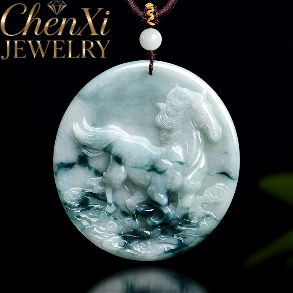 High-End Natural Genuine A-Grade Floating Flowers Jadeite Zodiac Horse Ascending To Exquisite Success Pendant Fine Jewelry Gifts