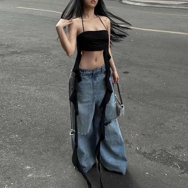 European and American summer pleated streamer halter top ins niche design sense hot girl short crop top T-shirt