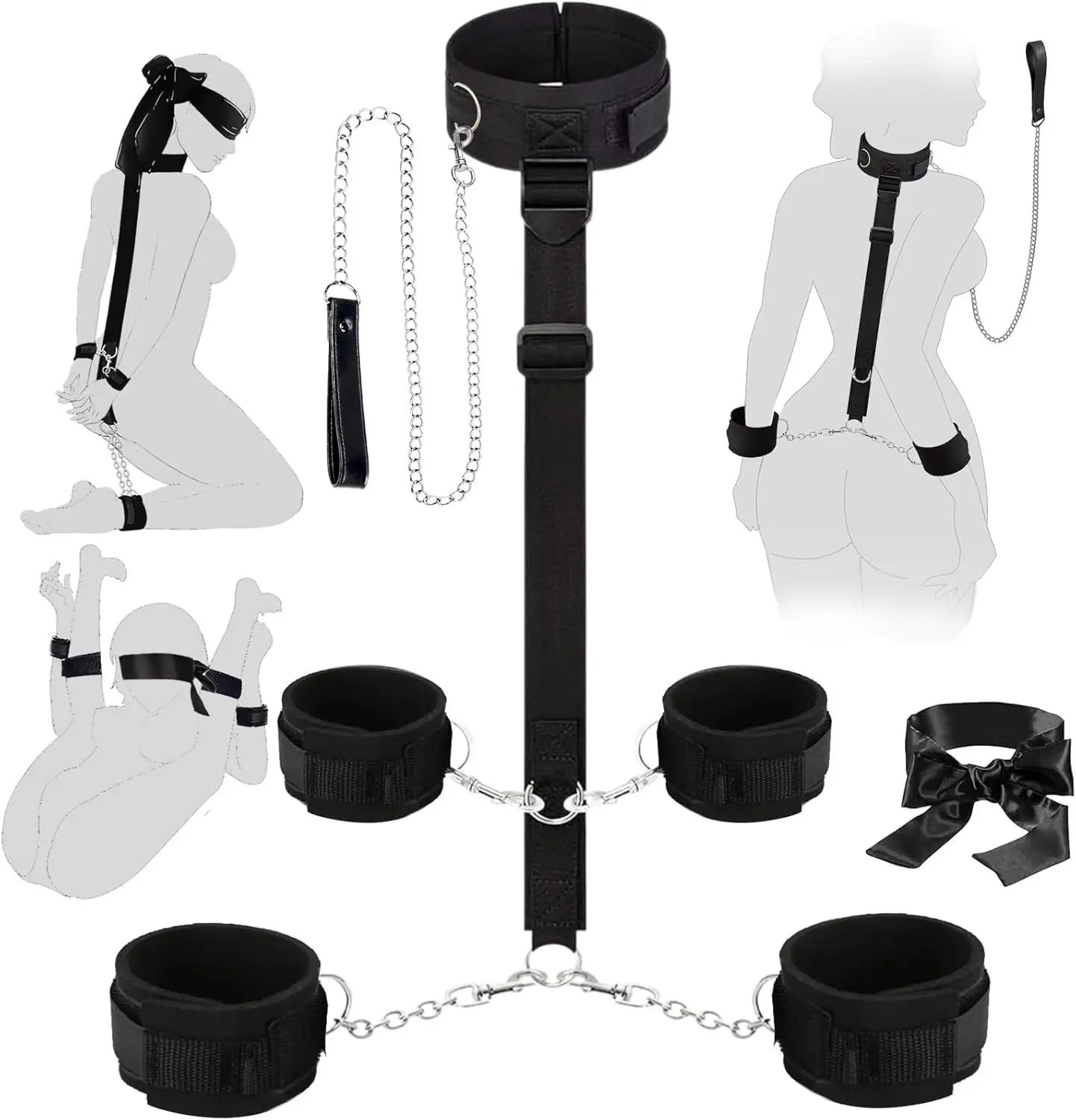 拘束セット BDSM セックストイ 手錠 アイマスク チェーン 首輪 首から手首まで セックストイ 男女兼用 調整可能